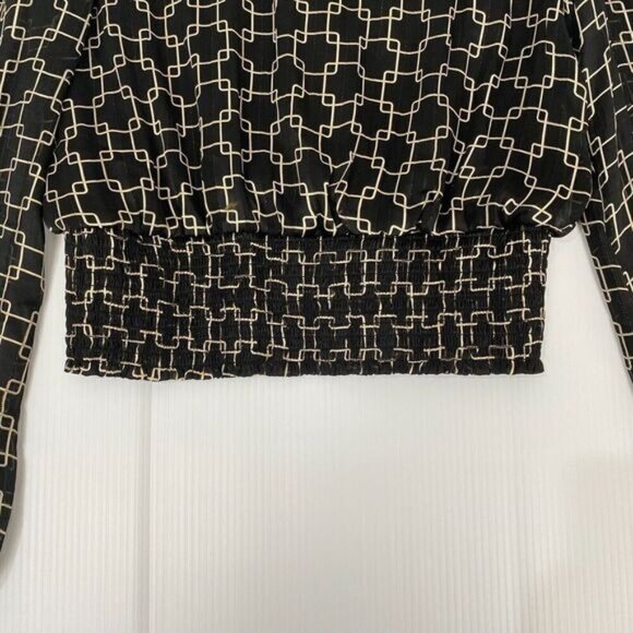 HAVER LONDON Black/Gold Geo Chains VNeck Elastic Cuffs Ruched Waist Blouse Large - Picture 15 of 15